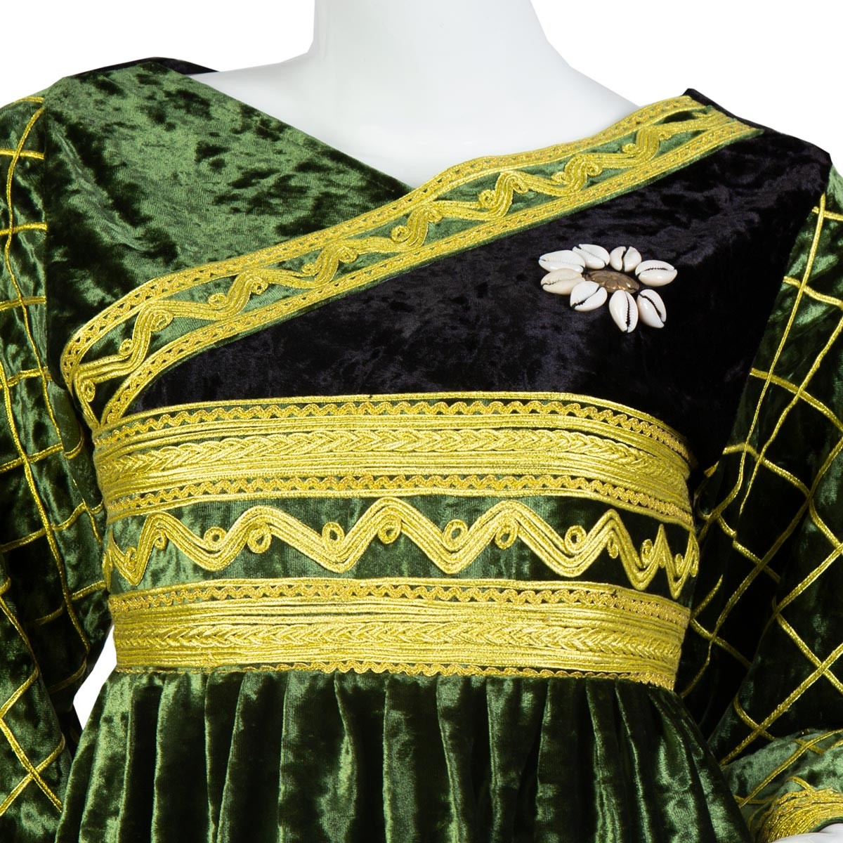 Kochi Design Wedding Frock | Green Velvet Dress With Golden Cherma Embroidery 2
