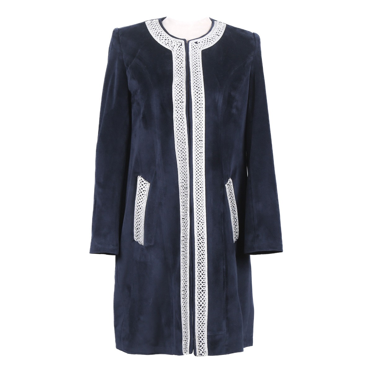 White Embroidered Women Coat | Navy Blue Long Dress Coat 1