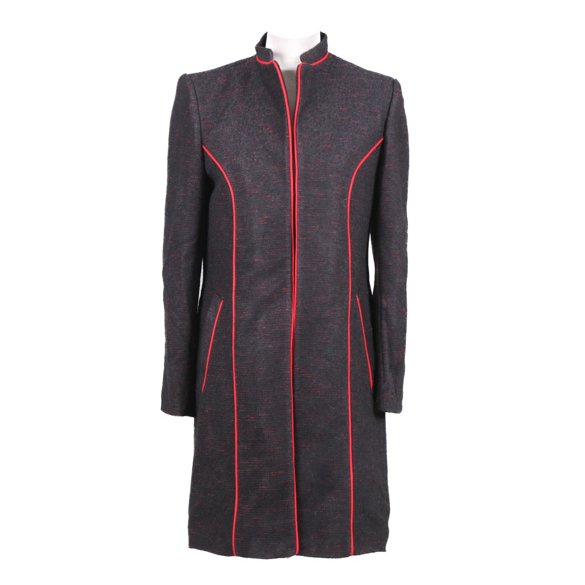 Women Coat With Red Speckles | Black Collared Long Coat 1