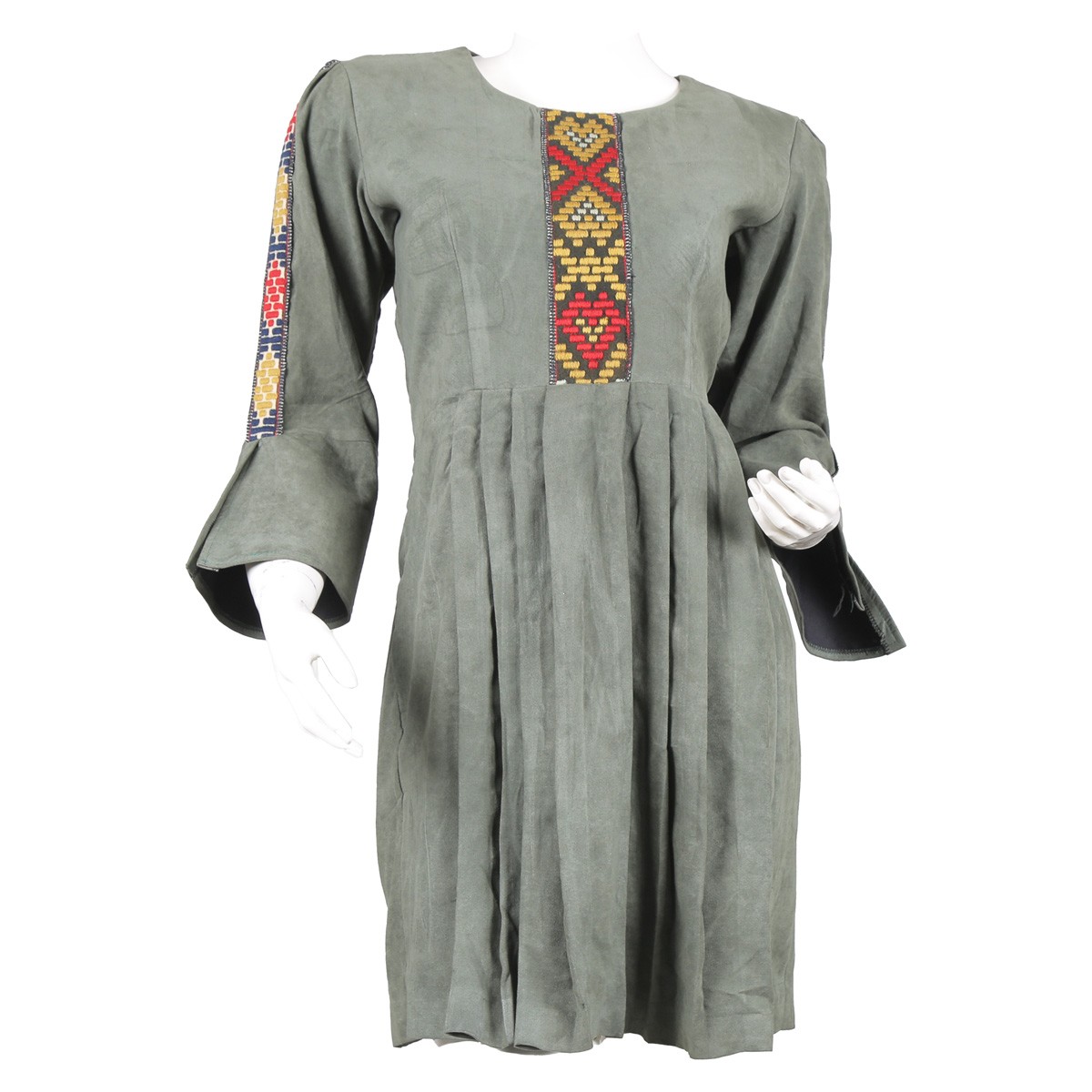 Gray Pleated Dress | Belted Embroidered Dress 1
