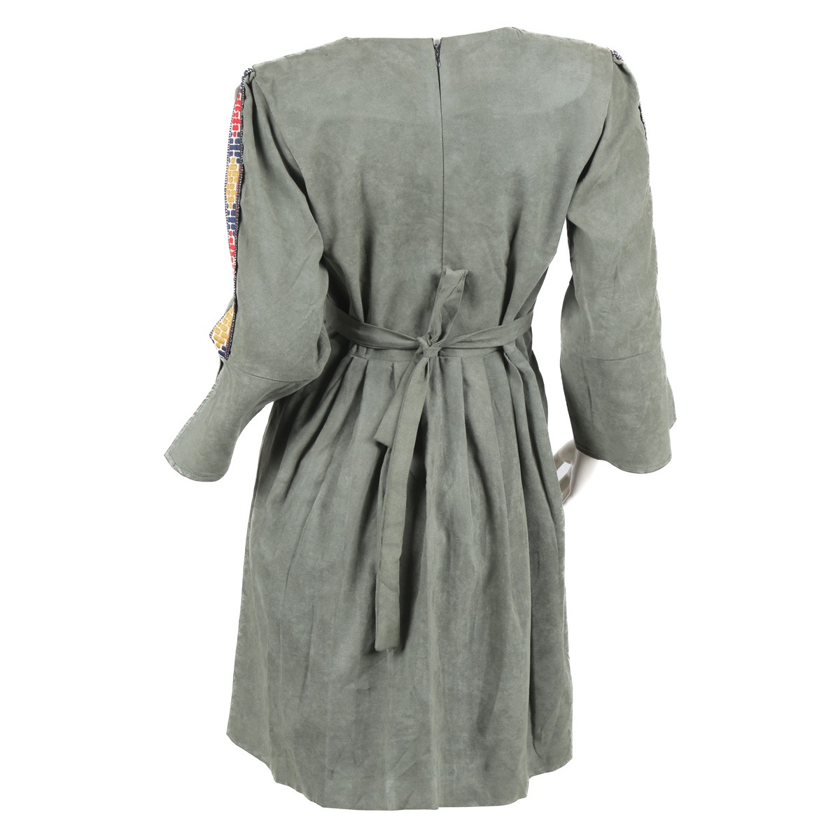 Gray Pleated Dress | Belted Embroidered Dress 3