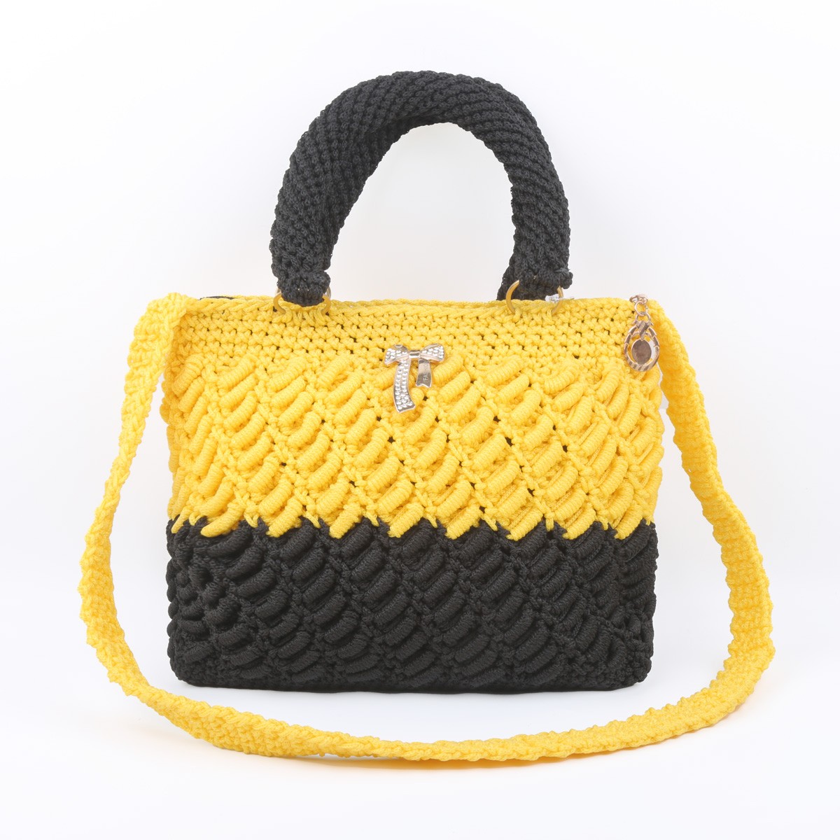 Yellow & Black Shoulder Bag | Hand Knitted Quilted Bag 3