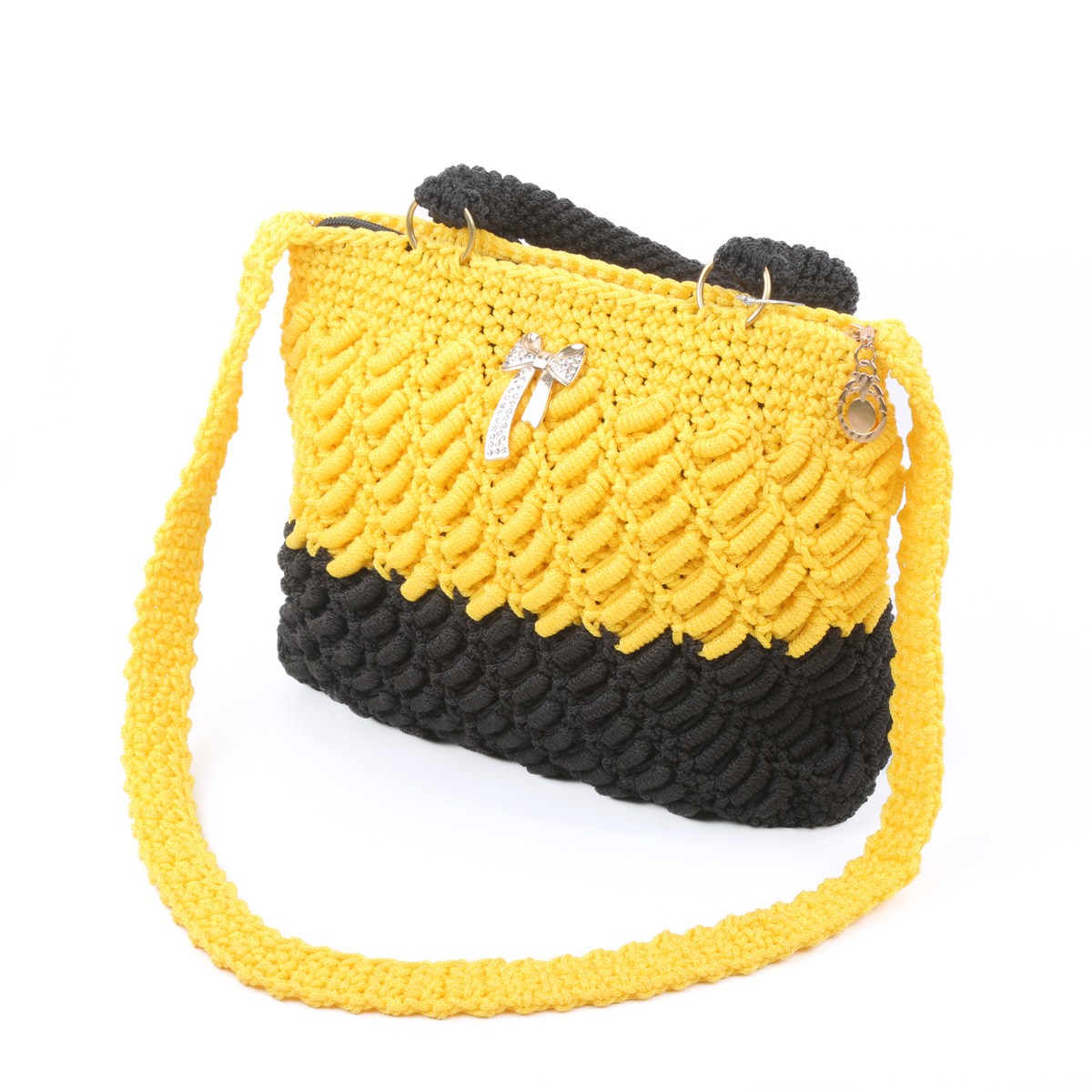 Yellow & Black Shoulder Bag | Hand Knitted Quilted Bag 1