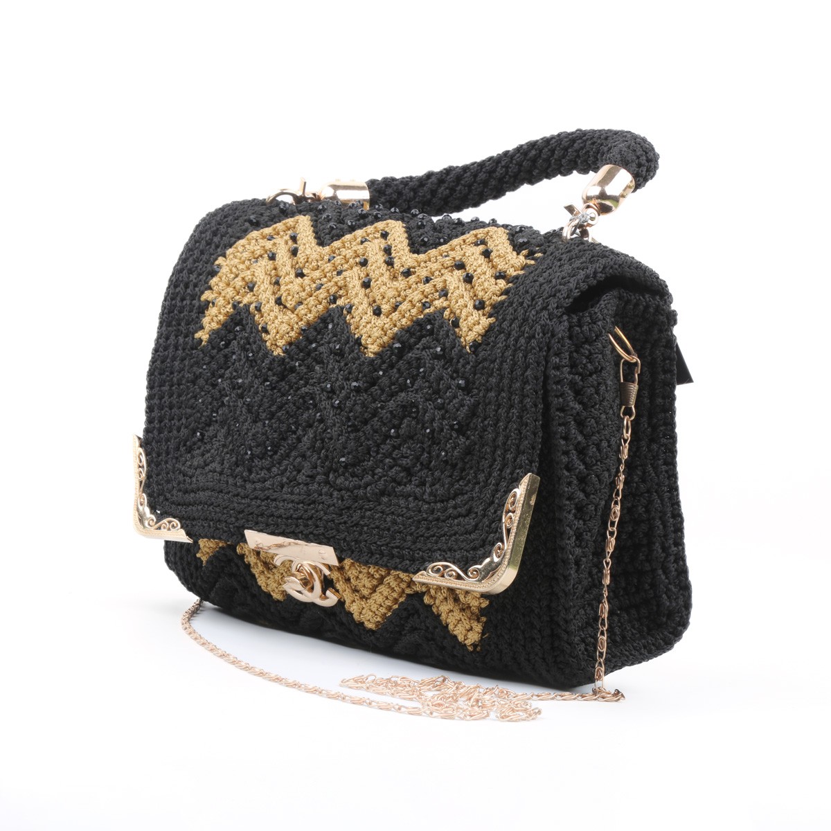 Black Cross-Body Shoulder Bag | Embroidered Chain Strap Bag 2