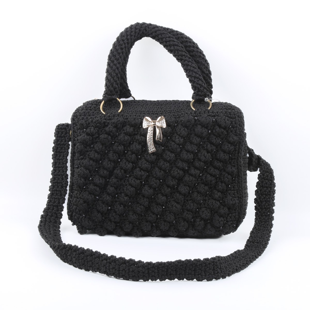 Black Zipped Baguette Bag | Embroidered Knitted Strap Shoulder Bag 1