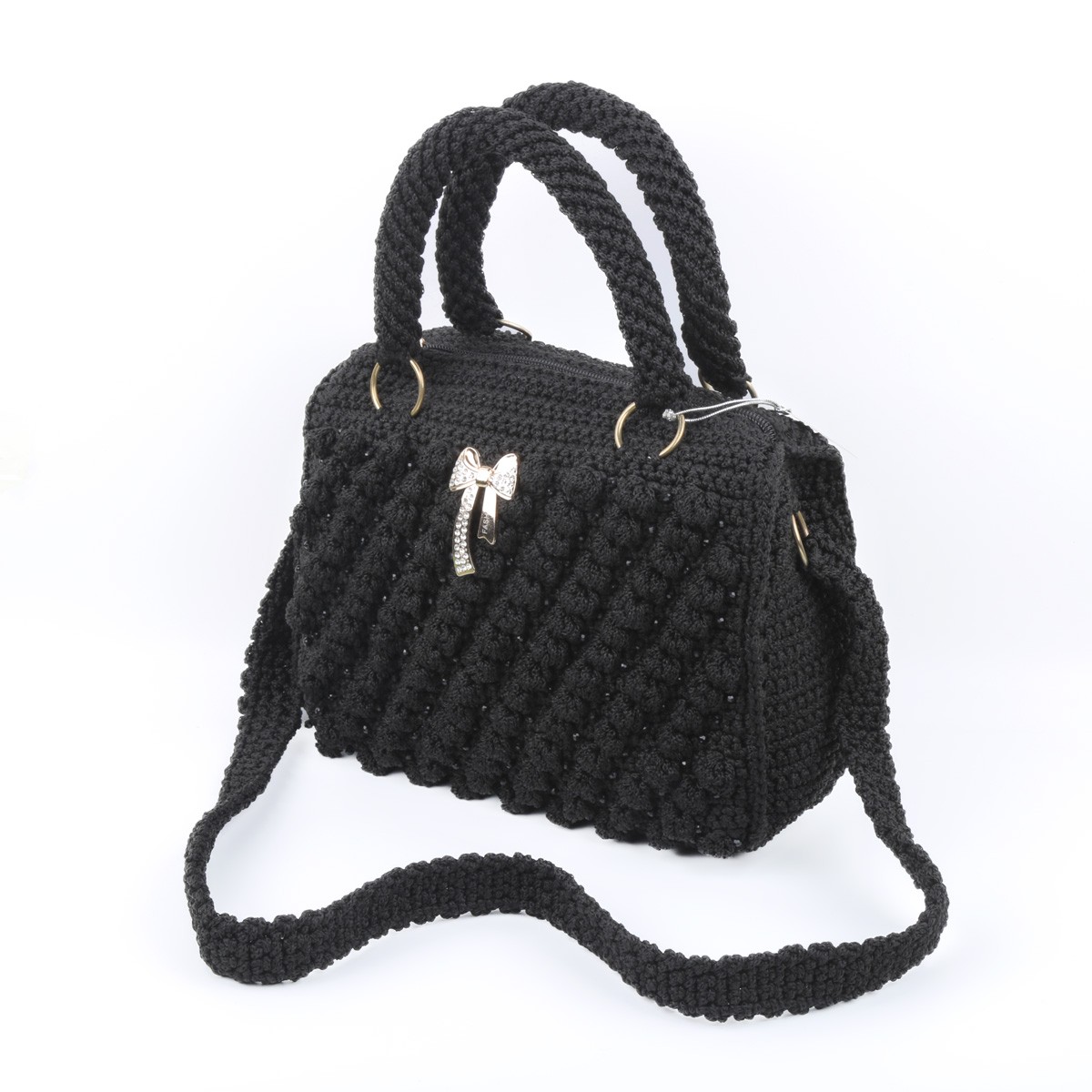 Black Zipped Baguette Bag | Embroidered Knitted Strap Shoulder Bag 2