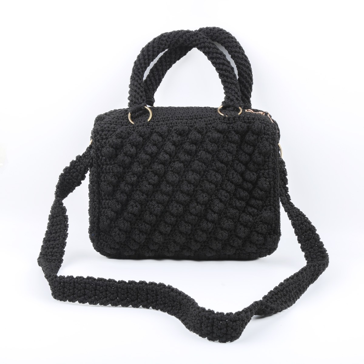 Black Zipped Baguette Bag | Embroidered Knitted Strap Shoulder Bag 3