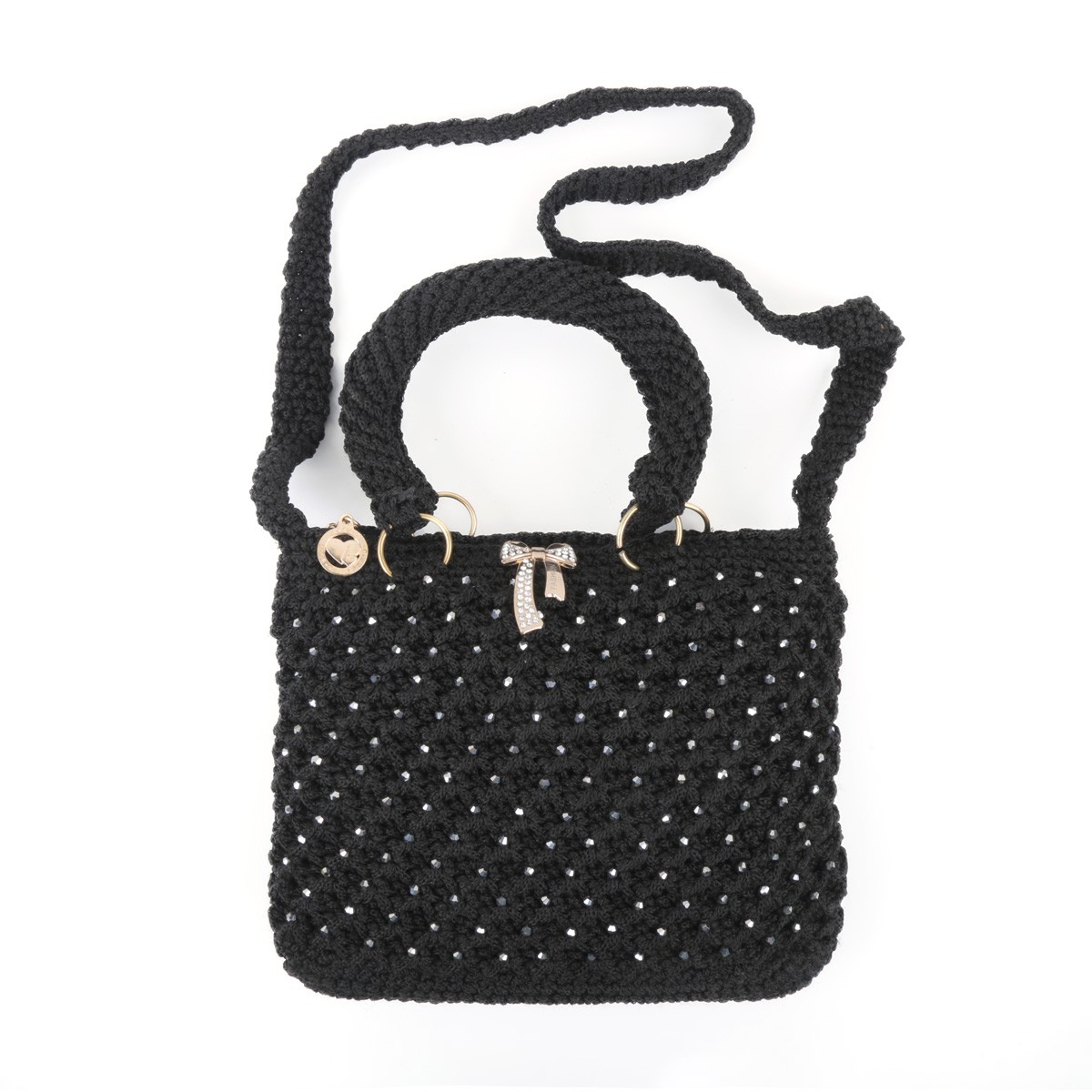 Black Birkin Shoulder Bag | White Bead Embroidered Quilted Bag 1
