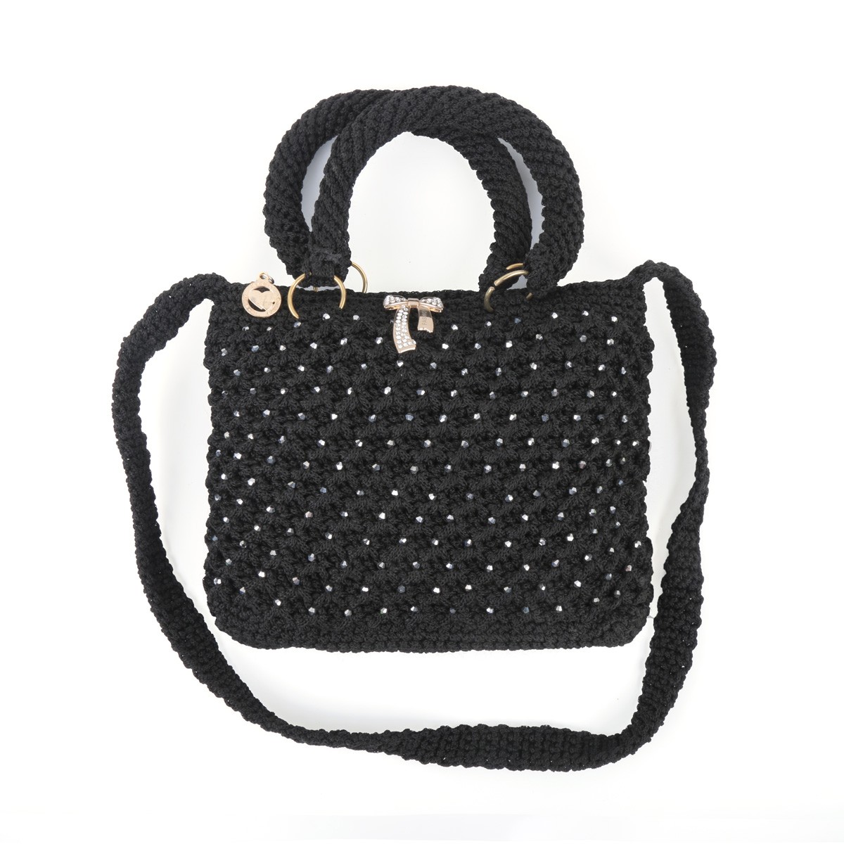Black Birkin Shoulder Bag | White Bead Embroidered Quilted Bag 2