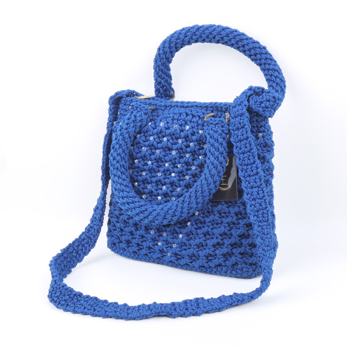Blue Zipped Birkin Quilted Bag | White Bead Embroidered Shoulder Bag 1