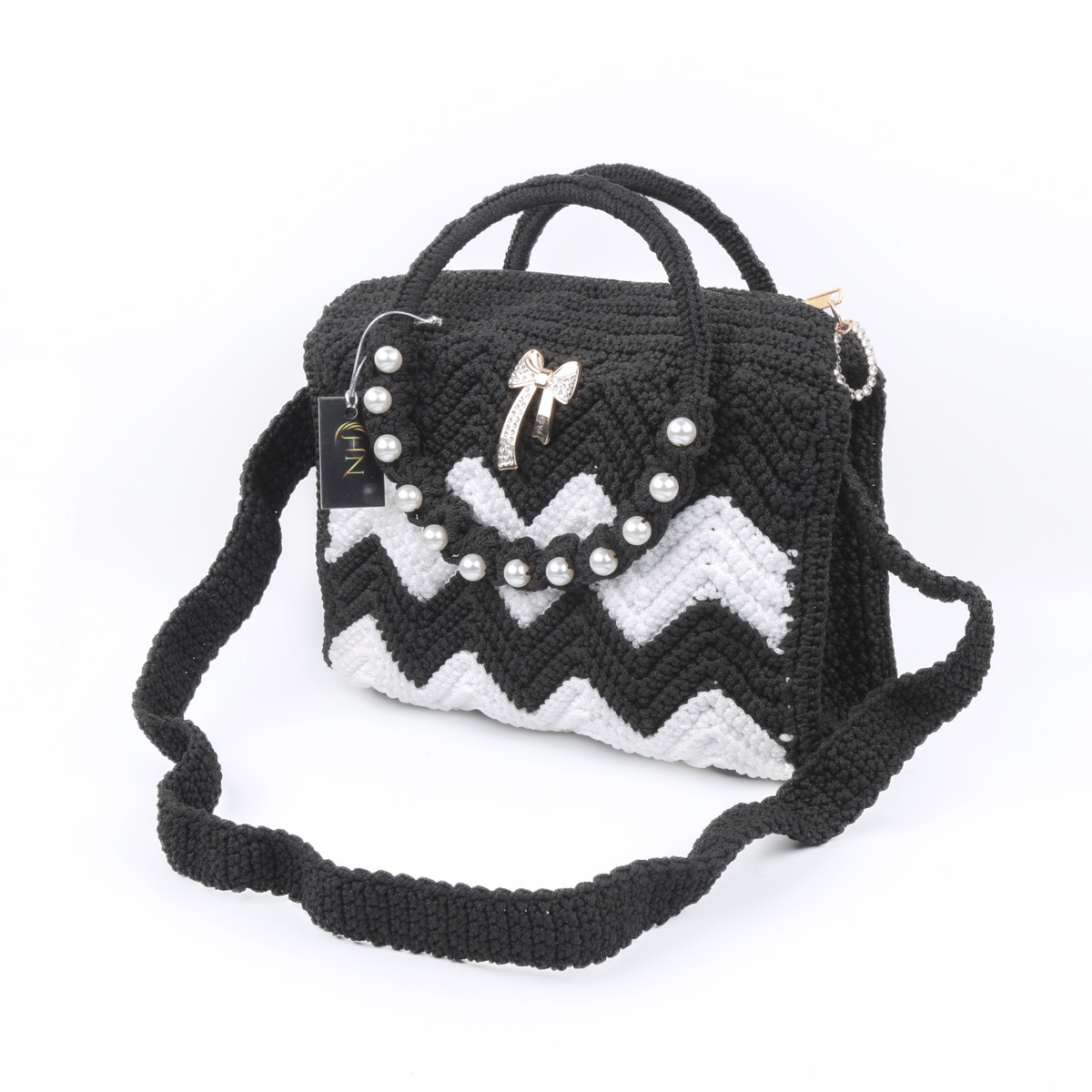 Black & White Zig Zag Baguette Bag | White Pearl Embroidered Bag 1