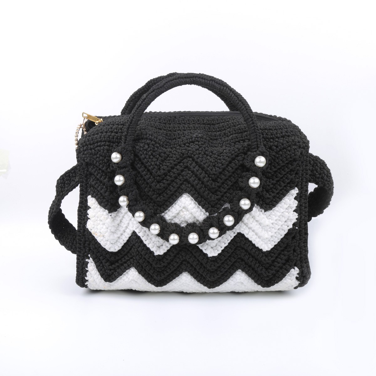 Black & White Zig Zag Baguette Bag | White Pearl Embroidered Bag 2