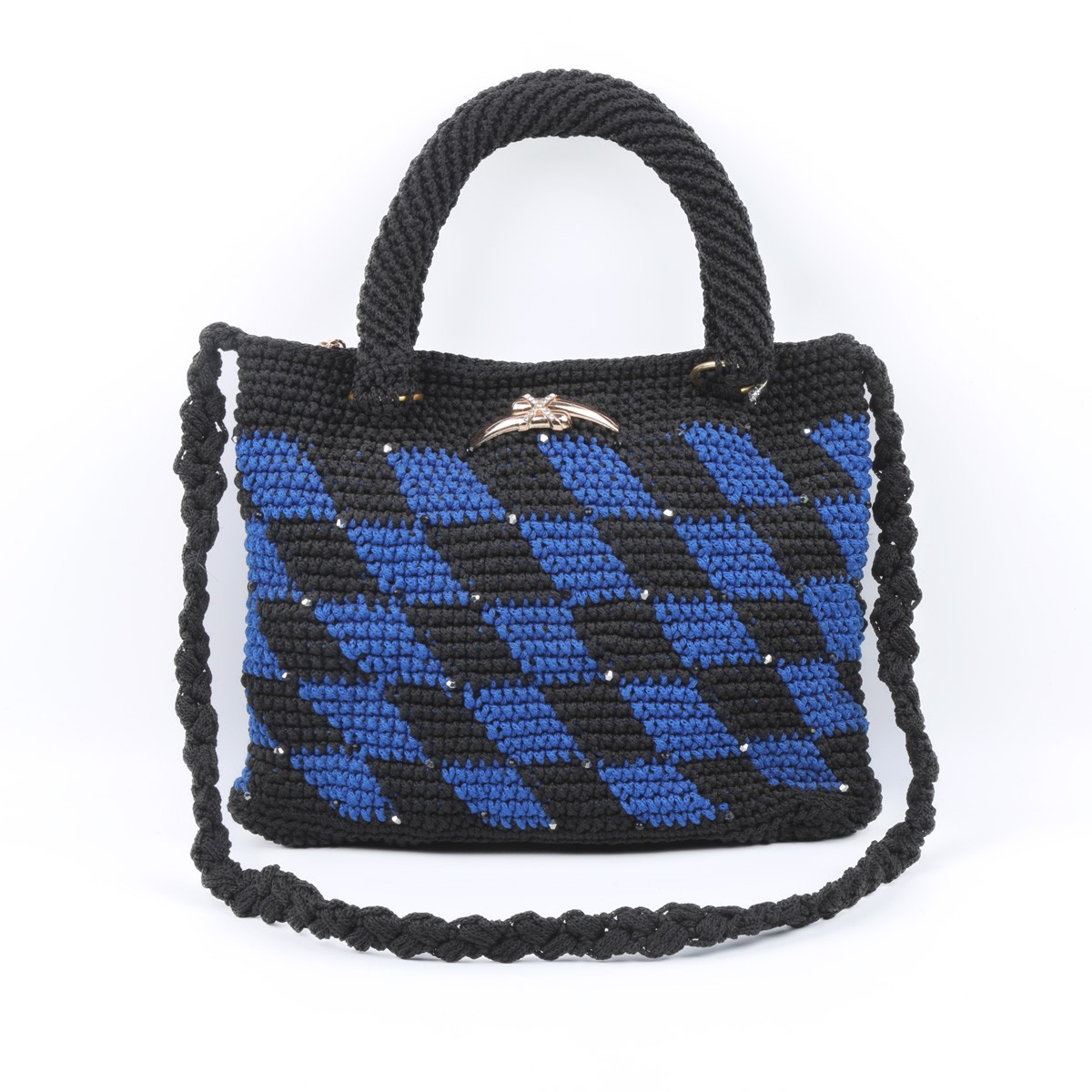Black Chess Patterned Quilted Bag | White Pearl Embroidered Tote Bag 3