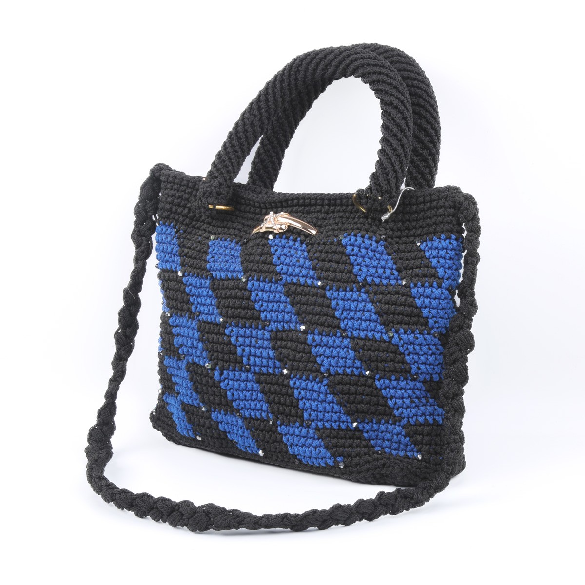 Black Chess Patterned Quilted Bag | White Pearl Embroidered Tote Bag 1