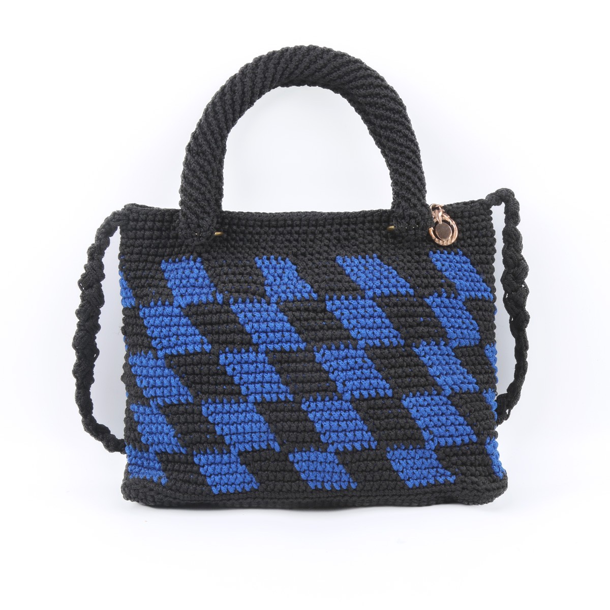 Black Chess Patterned Quilted Bag | White Pearl Embroidered Tote Bag 2