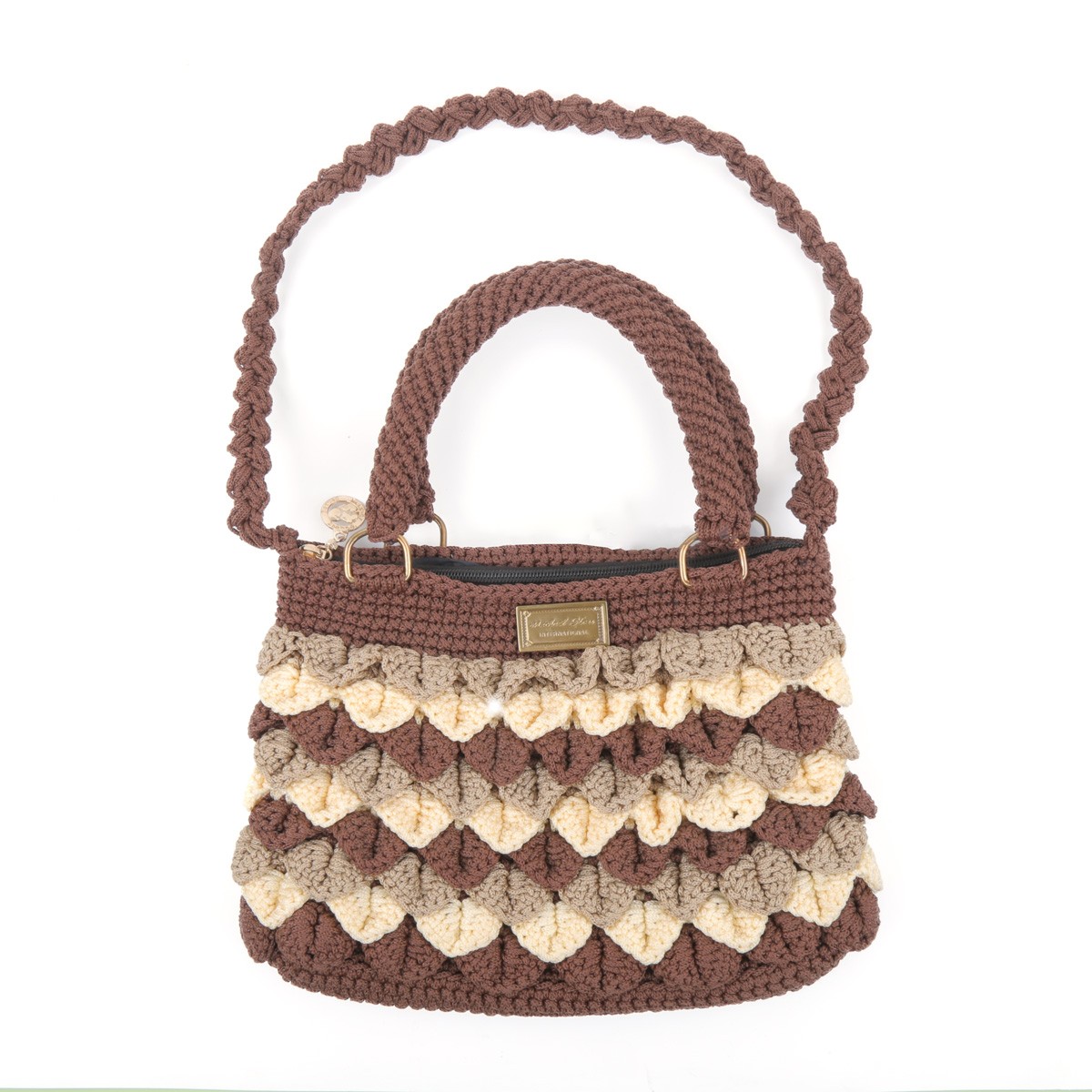 Brown & Cream Shoulder Bag | Hand Knitted Baguette Bag 1