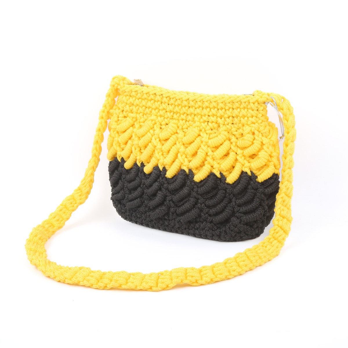 Yellow & Black Flat Shoulder Bag | Hand Knitted Quilted Bag 1