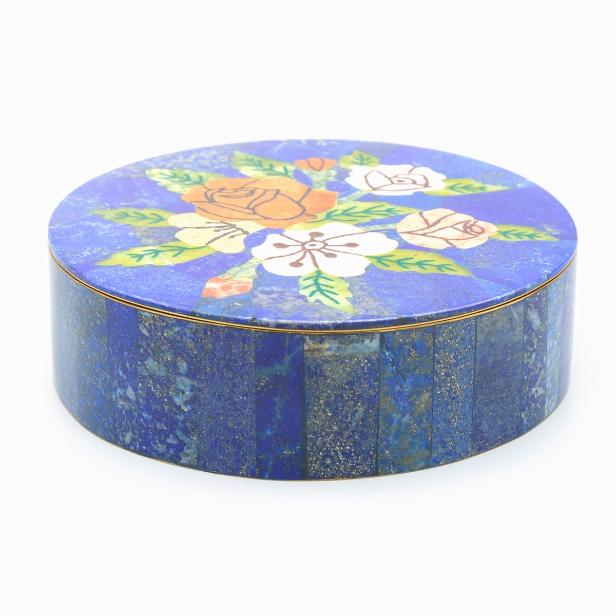 Circular Handmade Jewelry Box | Blue Lapis Jewelry Box With Floral Paint 1