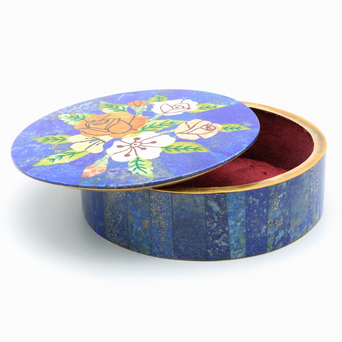 Circular Handmade Jewelry Box | Blue Lapis Jewelry Box With Floral Paint 4