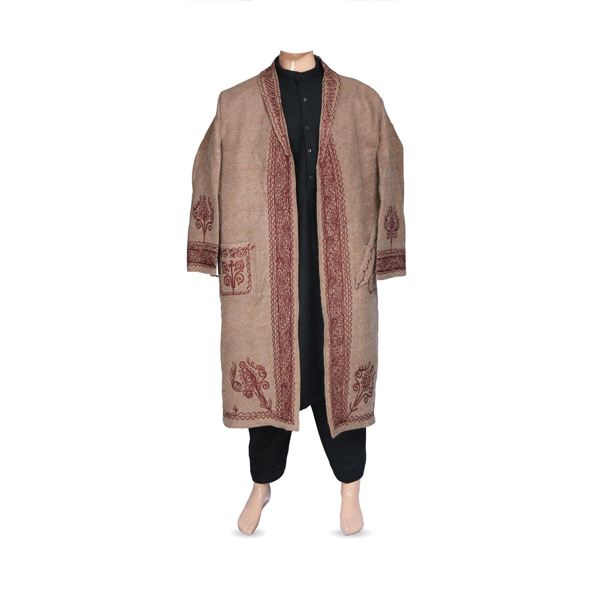 Brown Nuristani Embroidered Long Coat | Traditional Casual Wear Coat 1