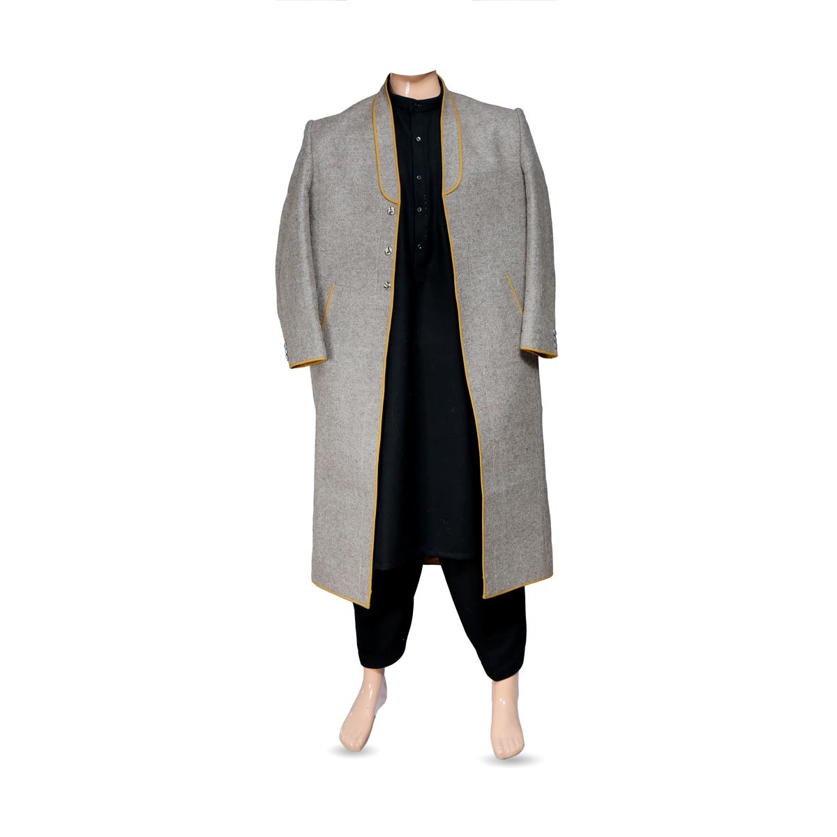 Light Gray Nuristani Long Coat | Woolen Casual Wear Beret Style Coat 1