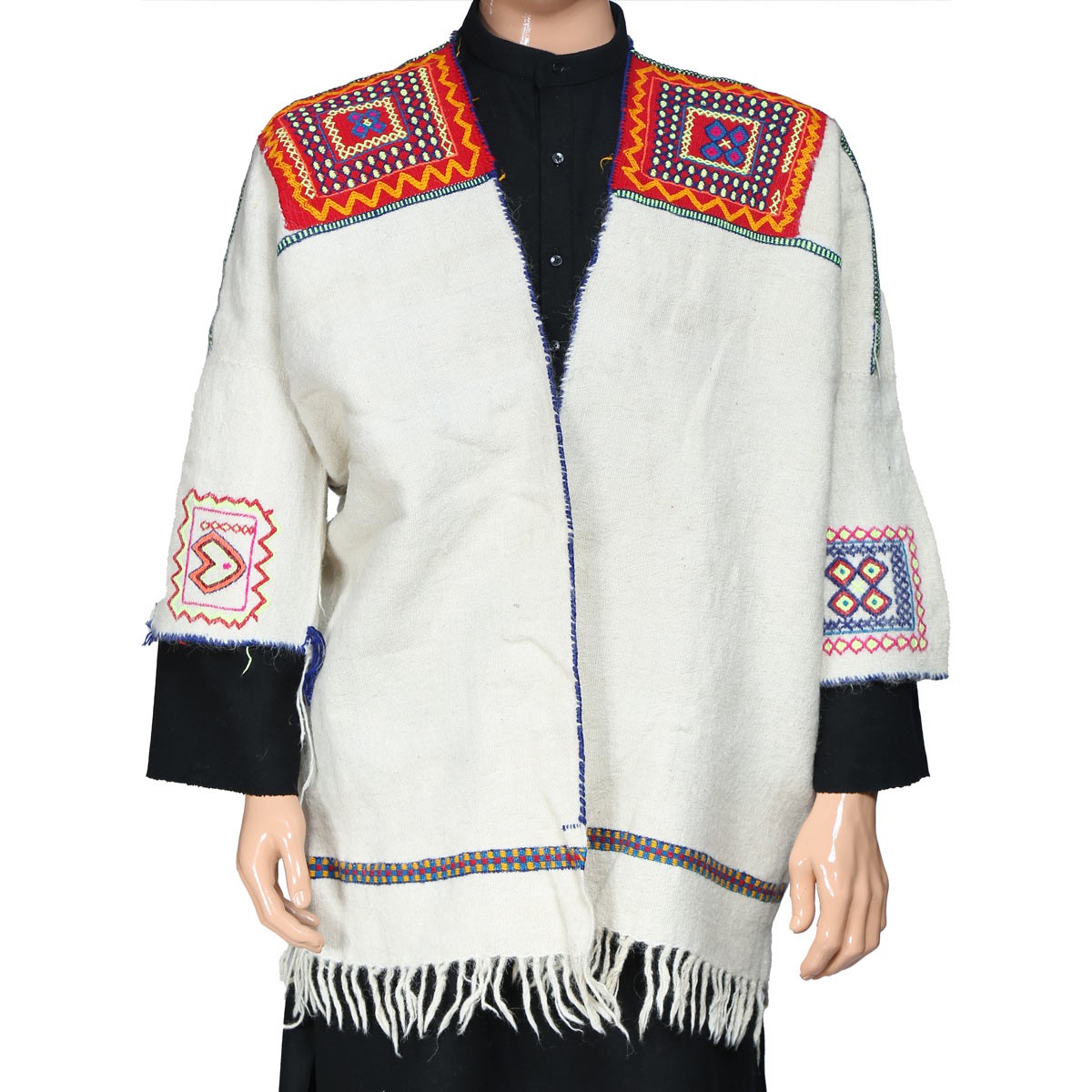 White Nuristani Embroidered Short Coat | Woolen Casual Wear Coat 1