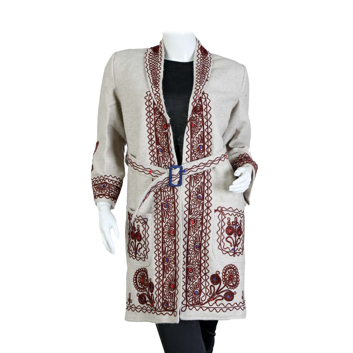 White Nuristani Embroidered Short Coat | Woolen Belted Winter Wear Coat 1