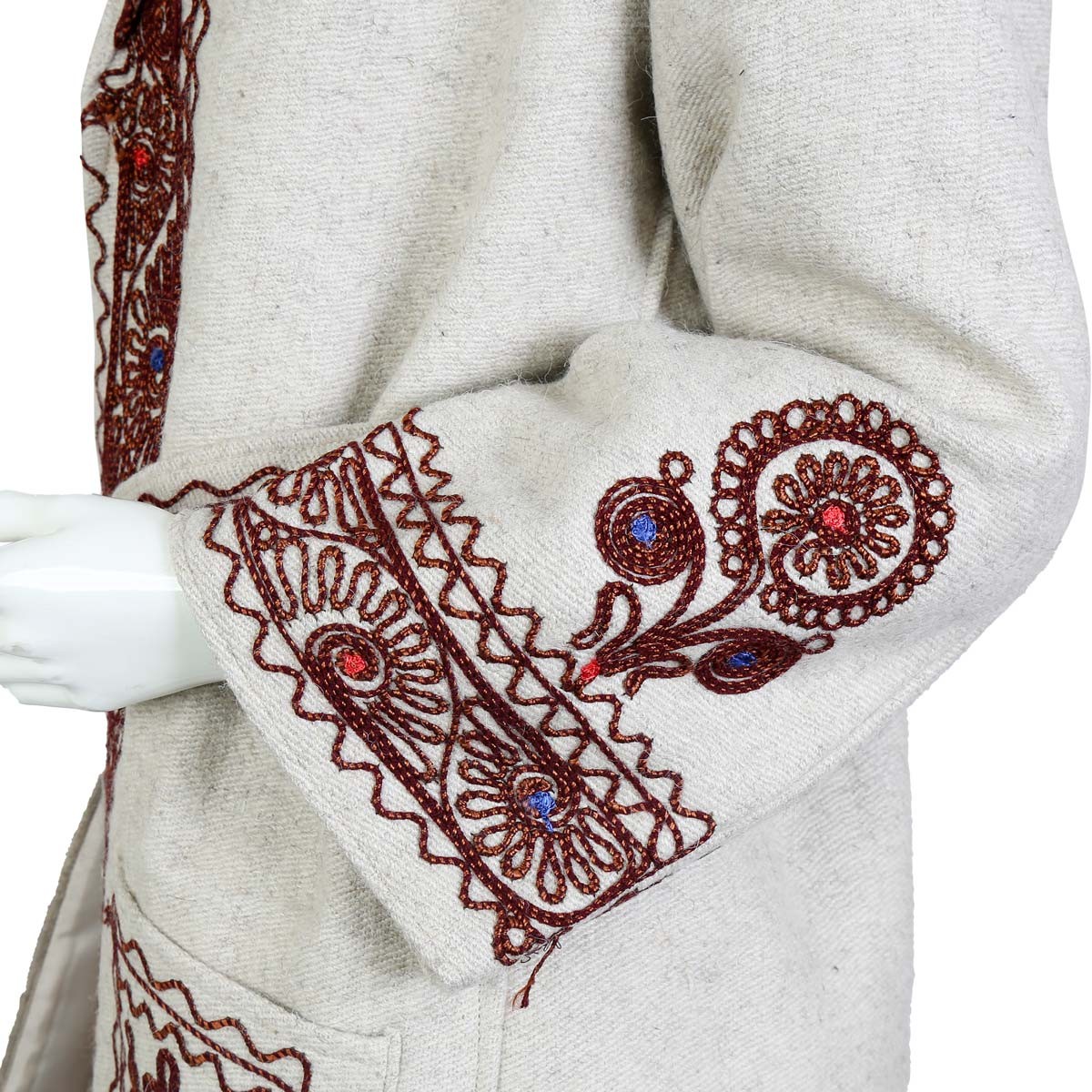 White Nuristani Embroidered Short Coat | Woolen Belted Winter Wear Coat 3