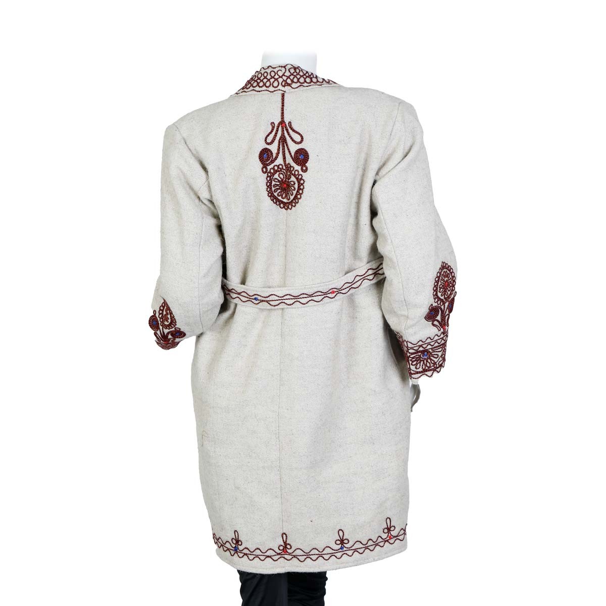 White Nuristani Embroidered Short Coat | Woolen Belted Winter Wear Coat 4