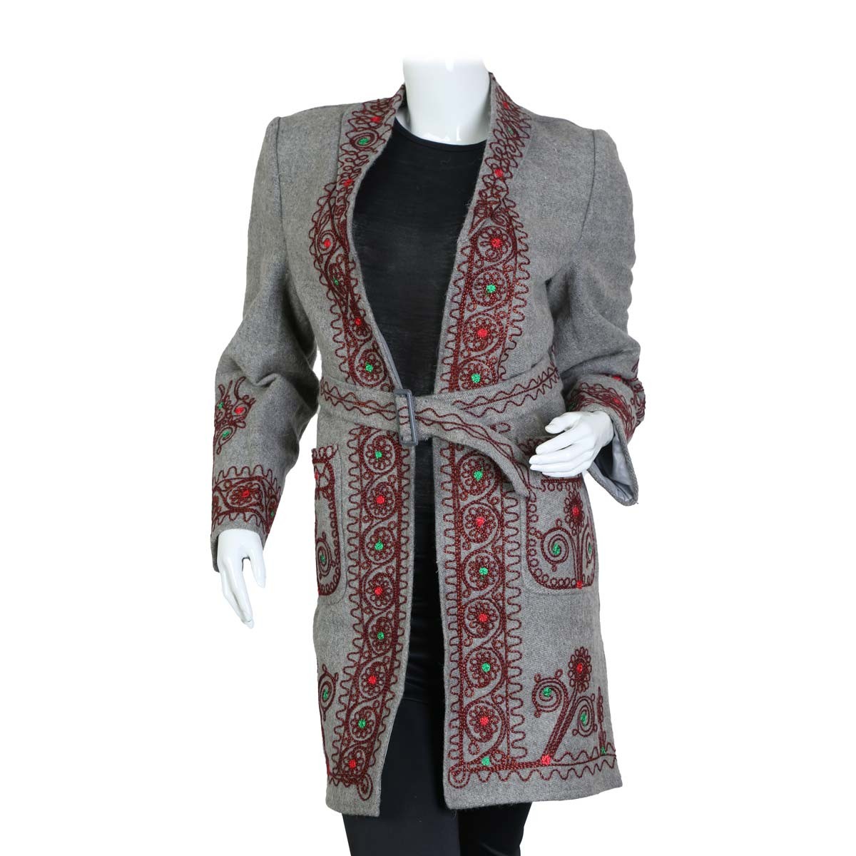 Gray Nuristani Embroidered Coat | Woolen Belted Winter Wear Coat 1