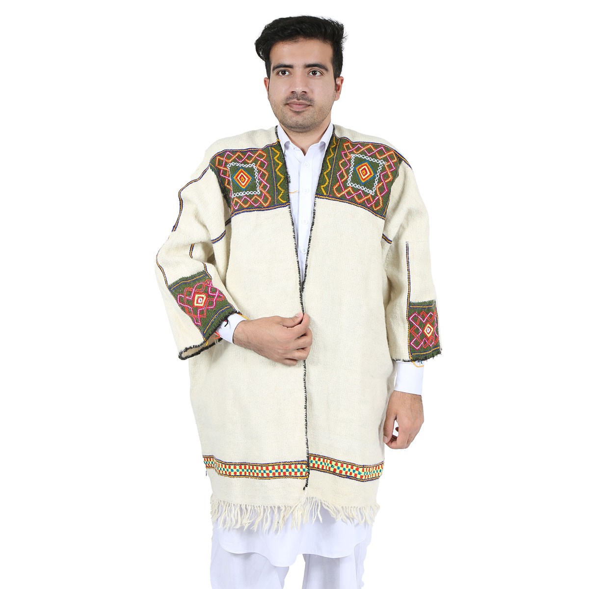 Cream Nuristani Handwoven Short Chapan | Woolen Winter Wear Chapan 1