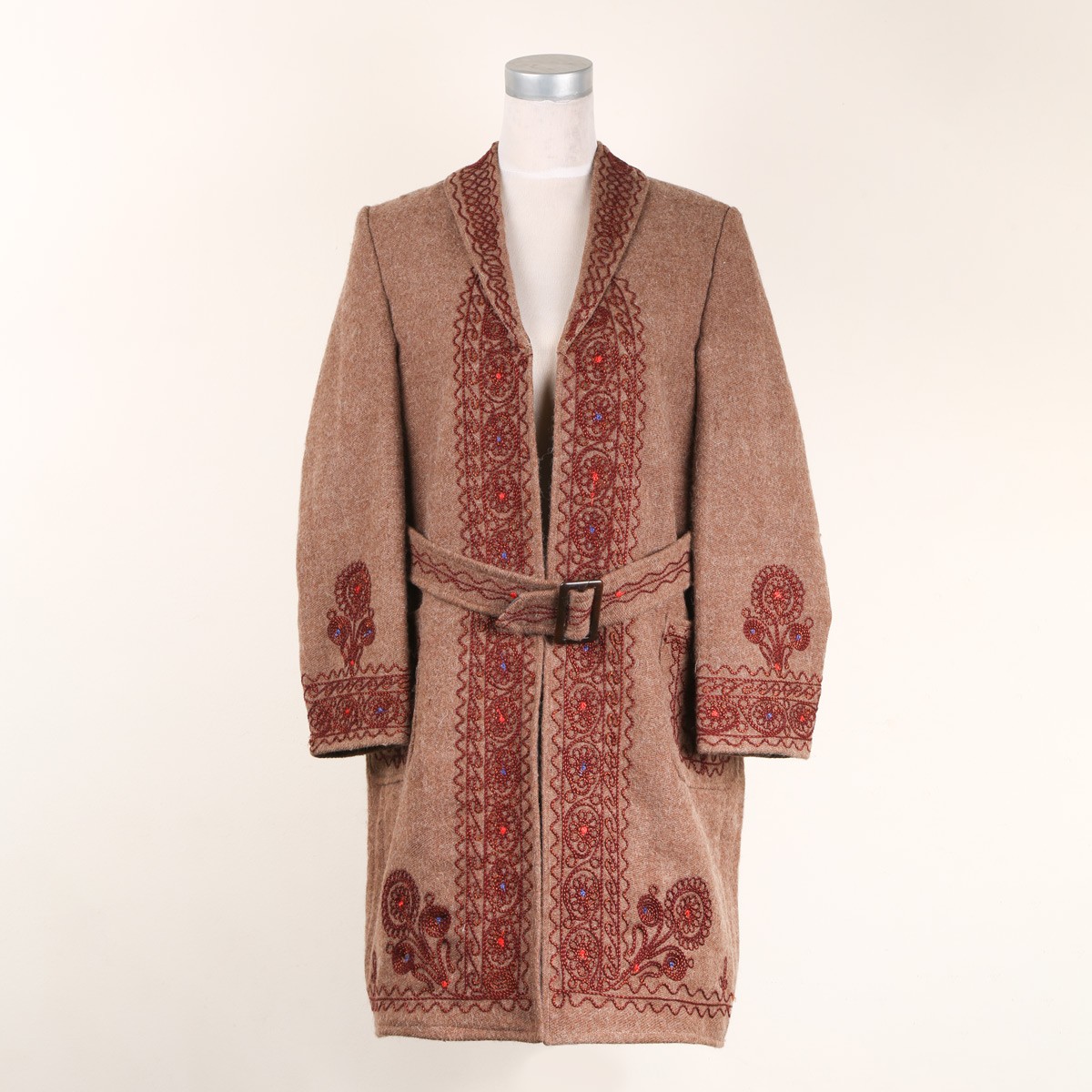Hand Embroidered Belted Coat | Woolen Brown Coat 1