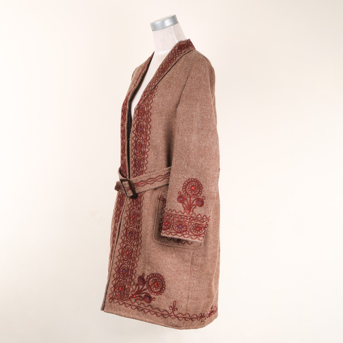 Hand Embroidered Belted Coat | Woolen Brown Coat 2