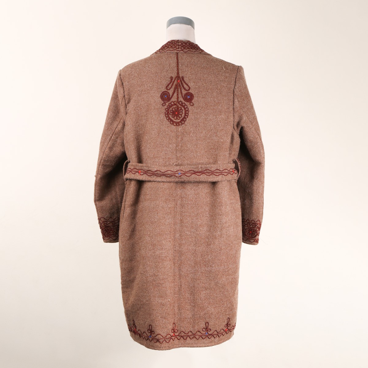 Hand Embroidered Belted Coat | Woolen Brown Coat 3