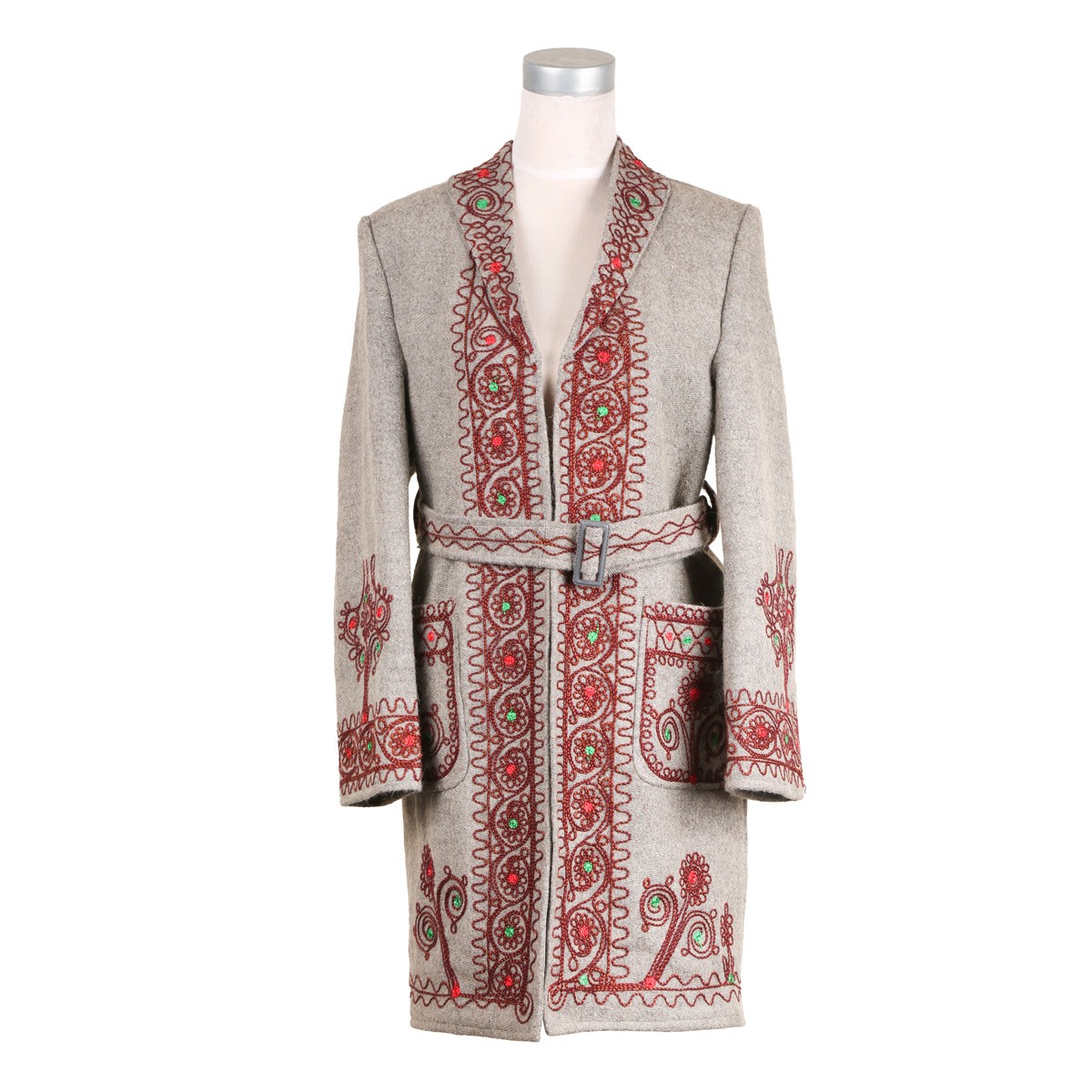 Off-White Embroidered Coat | Belted Woolen Handmade Coat 1