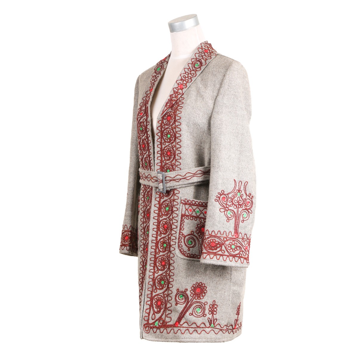 Off-White Embroidered Coat | Belted Woolen Handmade Coat 2