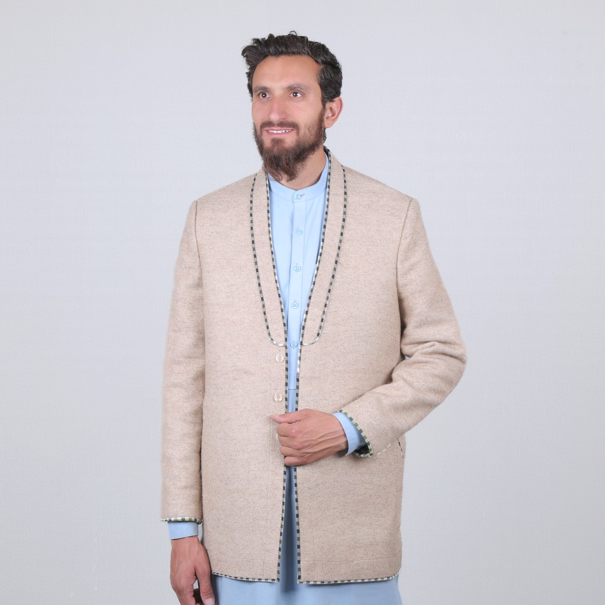 Cream Nuristani Men's Short Chappan | Woolen Casual Wear Coat 1
