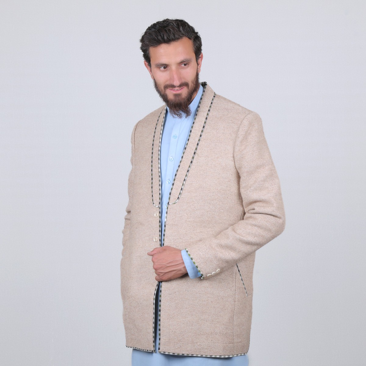Cream Nuristani Men's Short Chappan | Woolen Casual Wear Coat 2