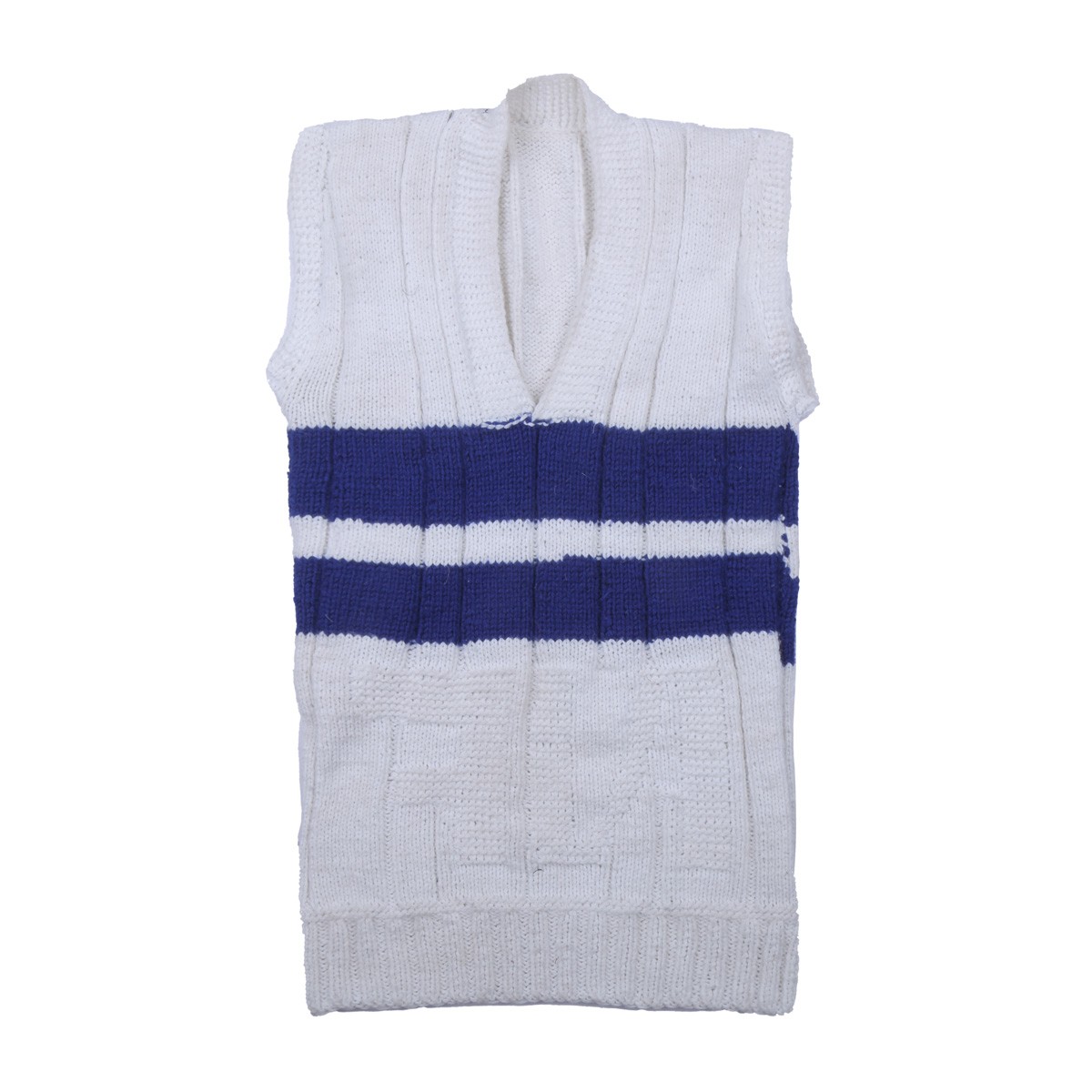 White Men's Hand-Knitted Jacket | Sleeveless Blue Striped Sweater 1