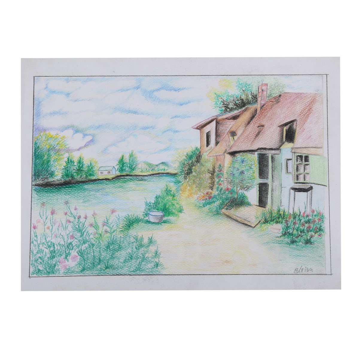 Rural House with a River View Painting | Village Life Artwork 1