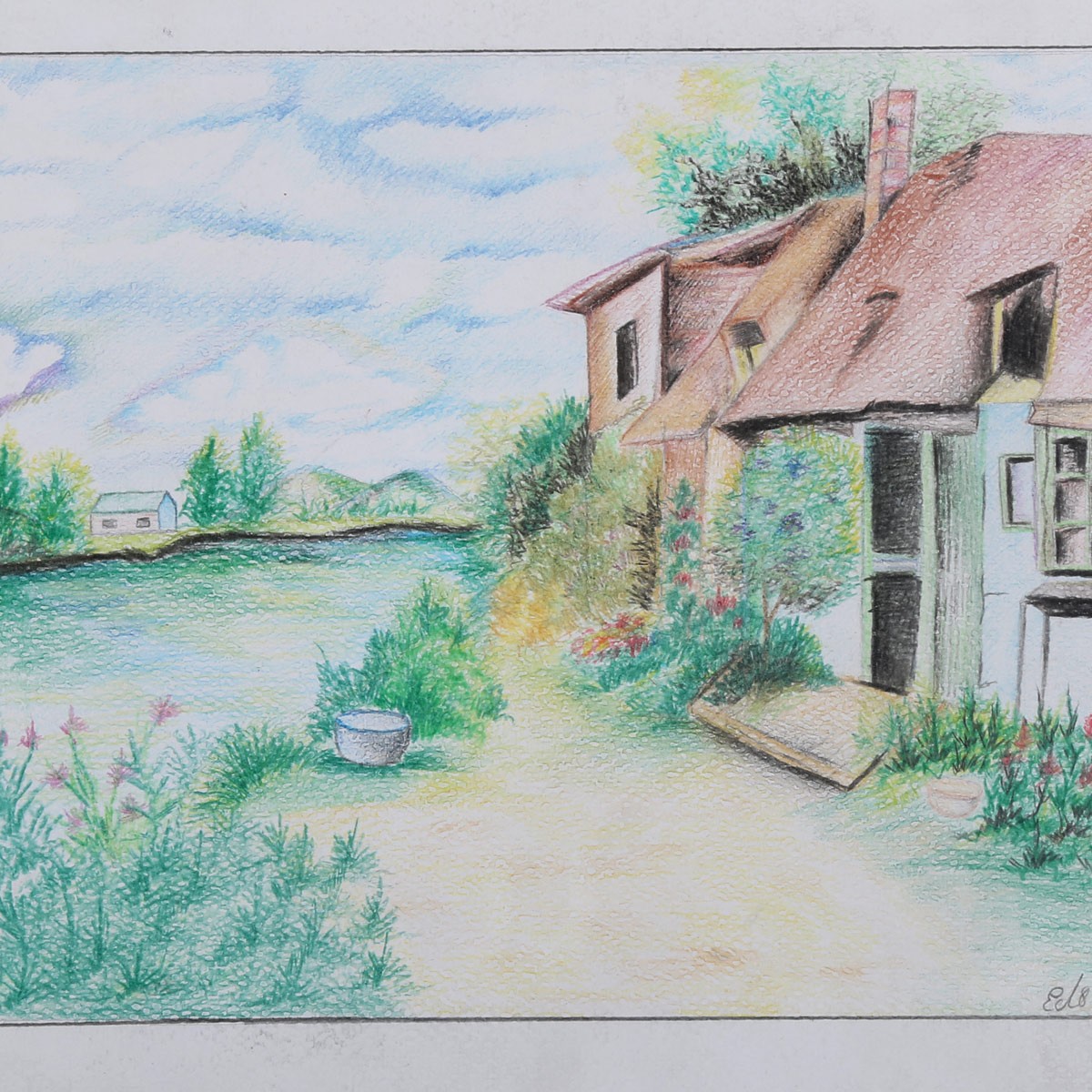 Rural House with a River View Painting | Village Life Artwork 2