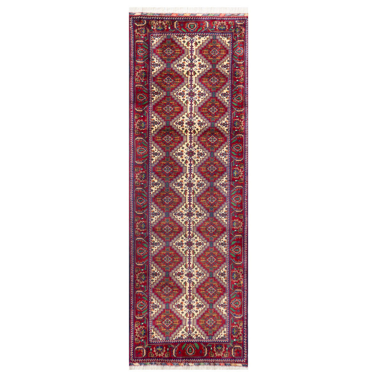 Yosouf Bahayee Design Hand-Knotted Antique Red Geometric Runner Rug | 9' 3" X 3' 1" 1