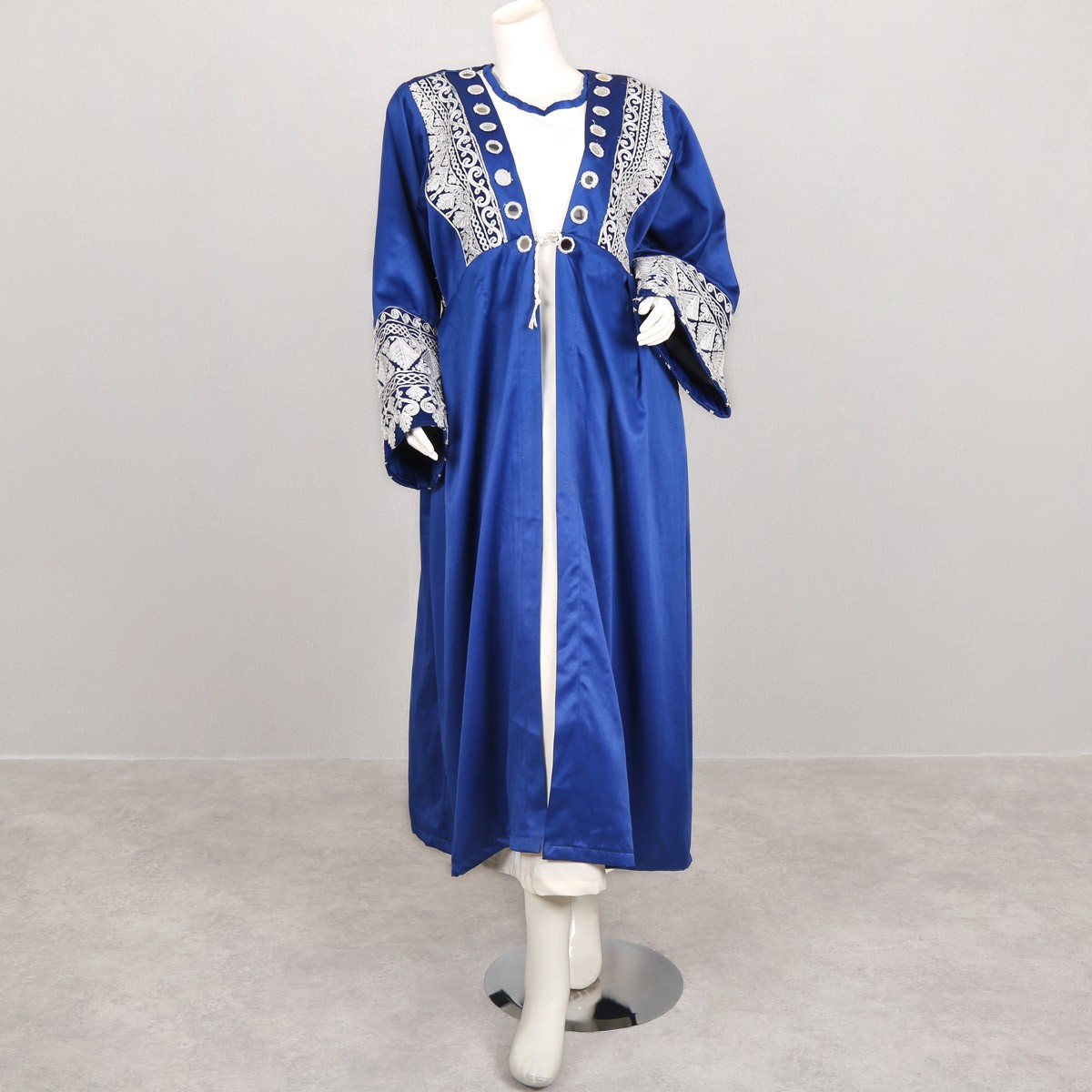 Blue Cherma Embroidered Split Skirt Frock | Silk Satin Pleated Frock 1