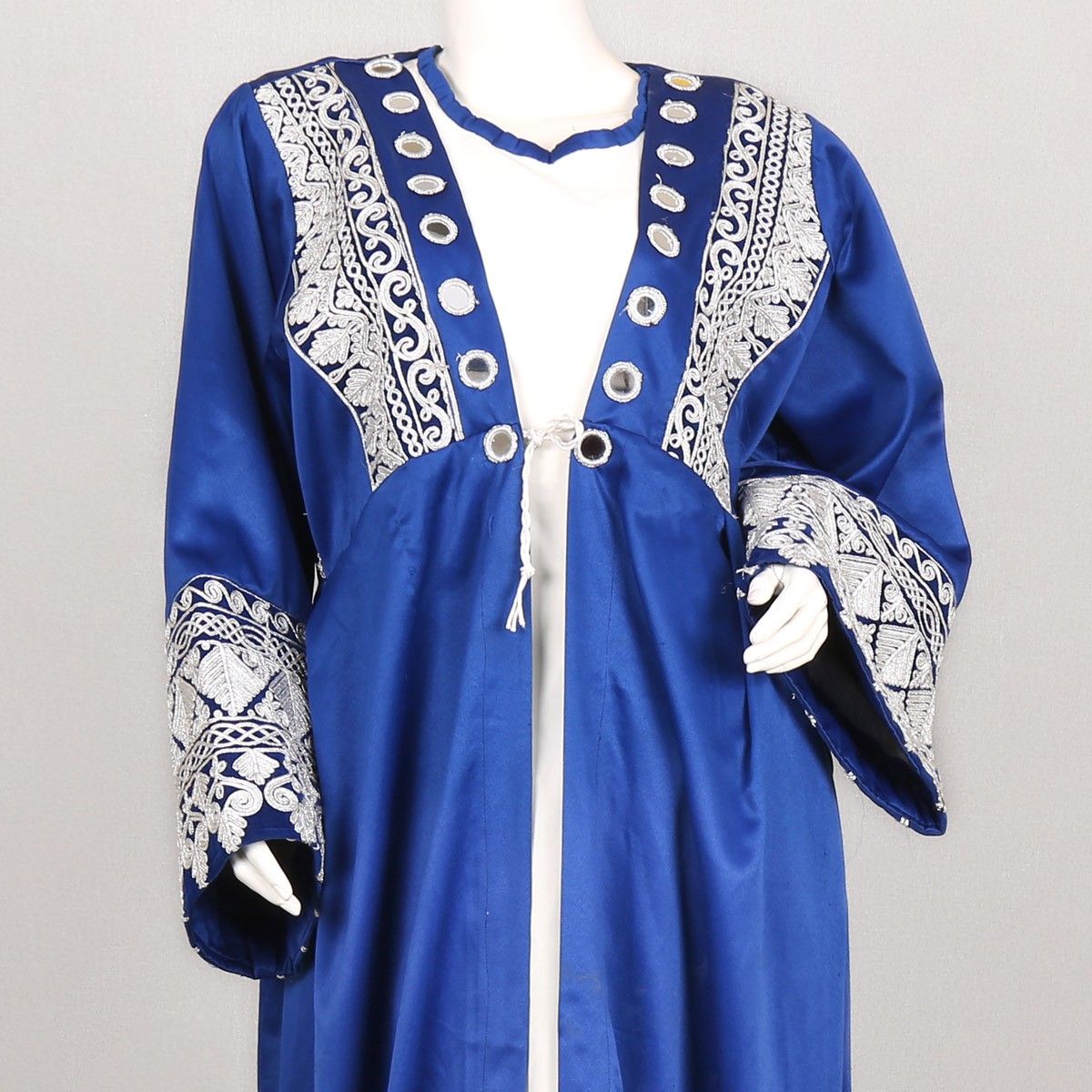 Blue Cherma Embroidered Split Skirt Frock | Silk Satin Pleated Frock 2