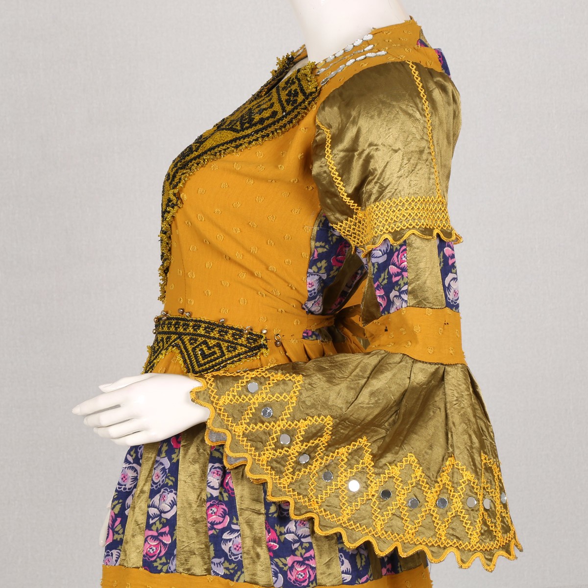 Mustard Box Pleated Short Dress | Cotton Trumpet Sleeves Casual Wear Frock 3