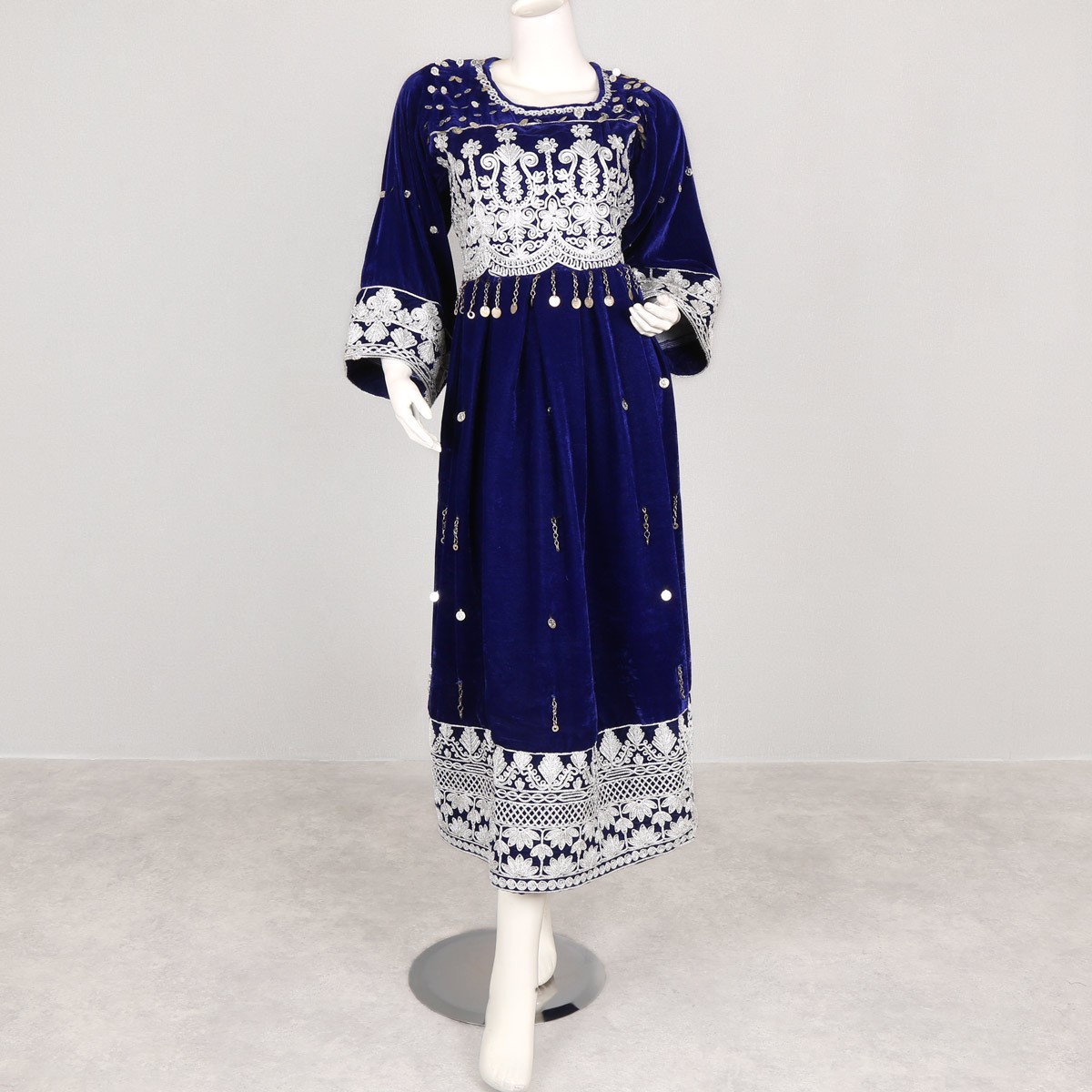 Denim Blue Cherma & Coin Embroidered Dress | Abrishom Silk Balloon Sleeves Long Dress 1