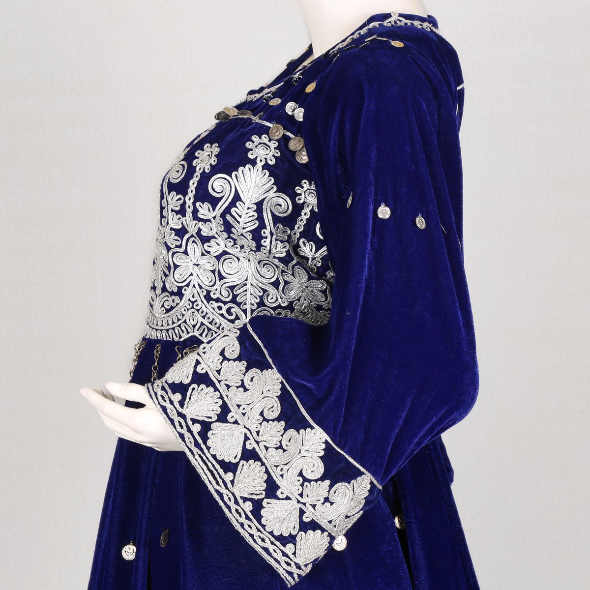 Denim Blue Cherma & Coin Embroidered Dress | Abrishom Silk Balloon Sleeves Long Dress 3