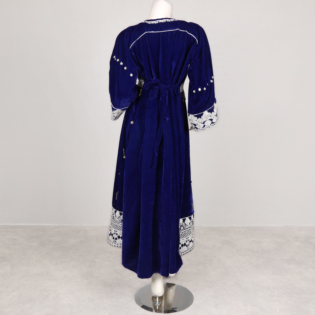 Denim Blue Cherma & Coin Embroidered Dress | Abrishom Silk Balloon Sleeves Long Dress 4