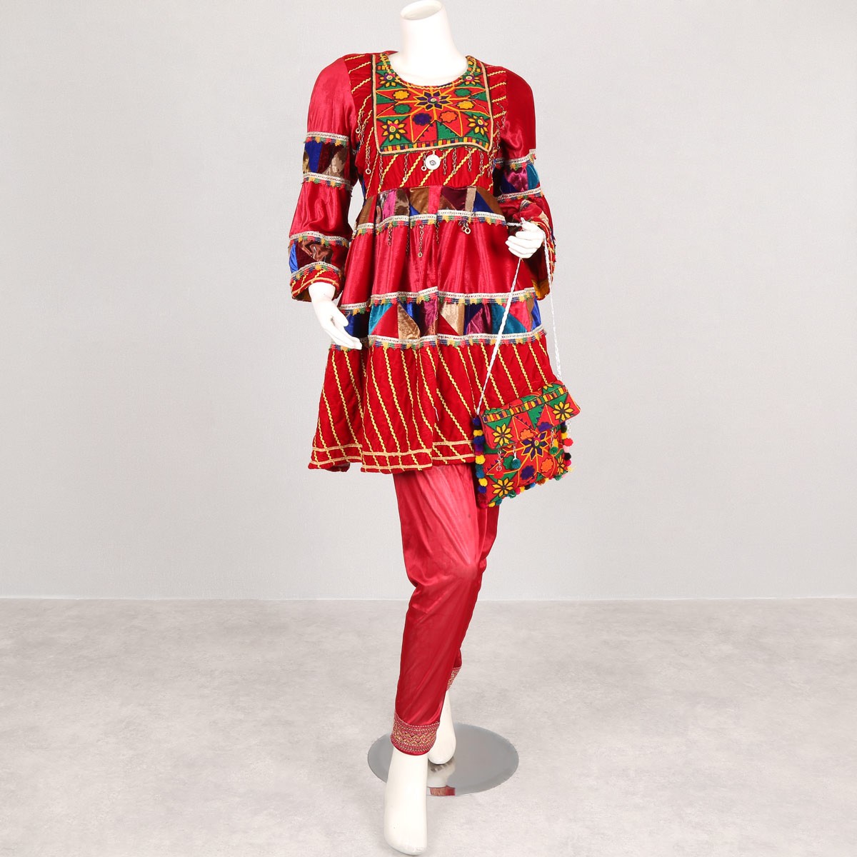 Red Floral Embroidered Short Frock | Velvet Pleated Party Wear Dress 1