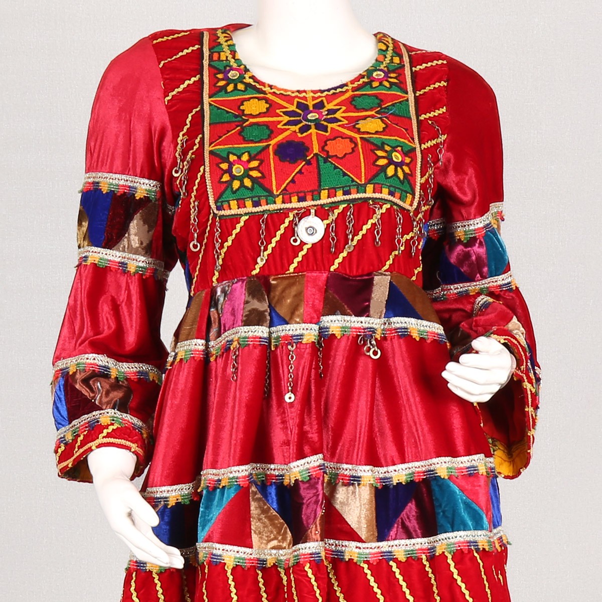 Red Floral Embroidered Short Frock | Velvet Pleated Party Wear Dress 3